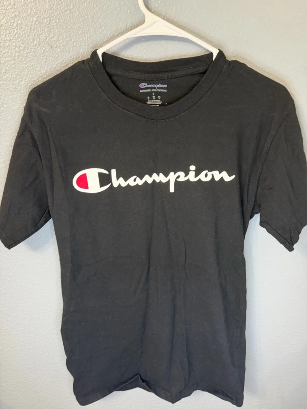 Champion Black Tee with White Script and Red Accent - Picture 1 of 3